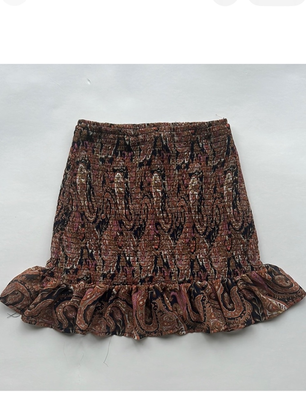 Sanctuary Brown Paisley Smocked Mini Skirt with Ruffle Hem Kids 14/ Women’s XS